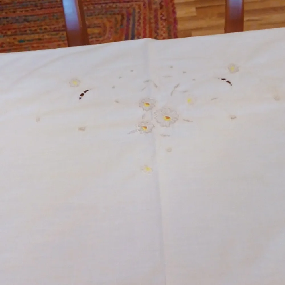 vintage cream embroidered tablecloth rectangular floral cutwork  cottagecore